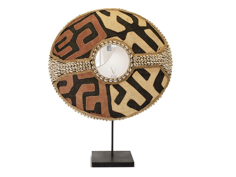 African Shield Mirror Design With Kuba Cloth  and Cowrie Cross